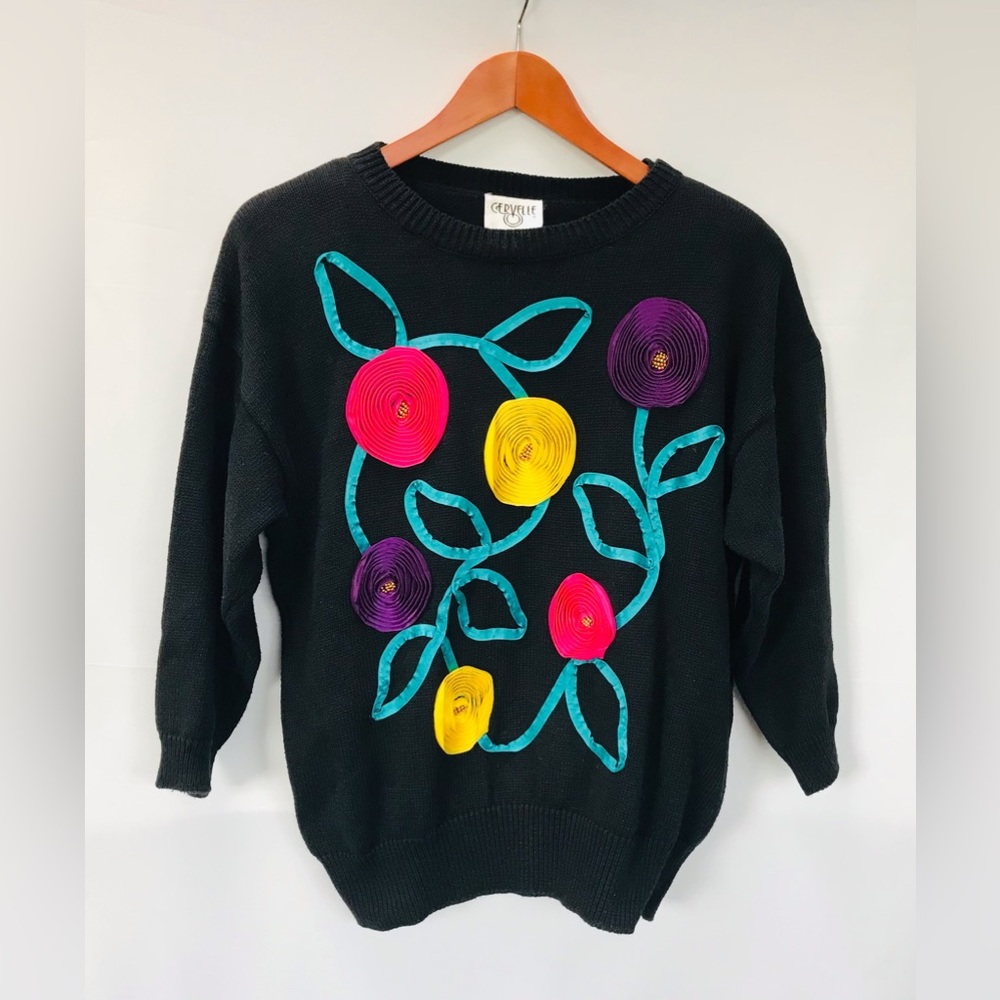 Vintage 80s Cervelle Black Knit Sweater With Ribbon Flowers Women Size L